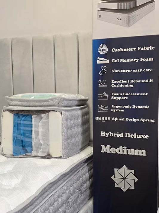Nexa Hybrid Deluxe 32cm pocket spring mattress with cashmere fabric and gel memory foam, showing cross-section and features.