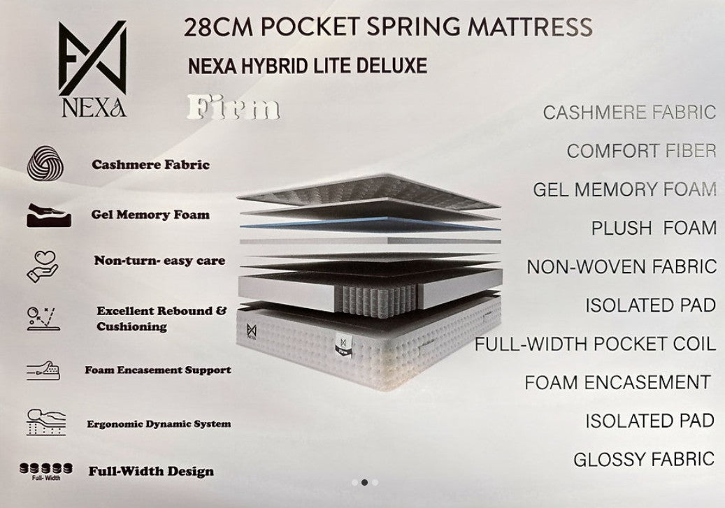 Healthy Sleep Mattress Firm NEXA Hybrid Lite Deluxe 28cm pocket spring mattress with 1000 springs, shown on a bed.